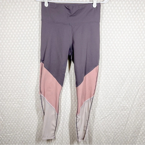 Fabletics Purple Pink Color Block Powerhold Leggings - Picture 1 of 5
